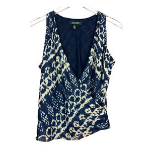 Lauren Ralph Lauren Silk Linen Blend Tank Top Blue Boho Aztec Womens Size 10